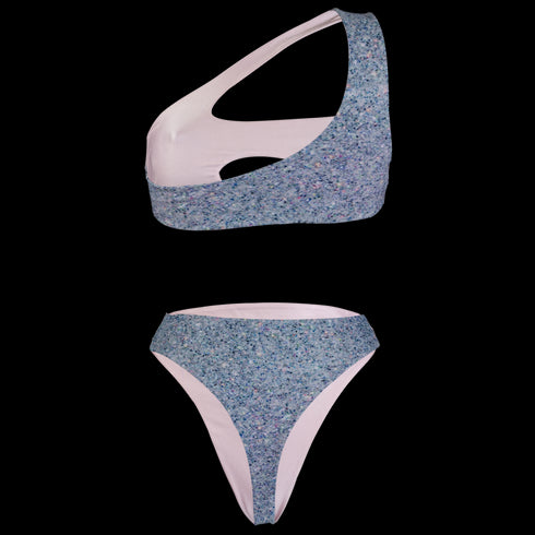 Diamond Bay Bikini in Glitterati Reversible-Angled Cut out Design One Shoulder Top Center Cut out design- High waist cheeky thong cut bottom